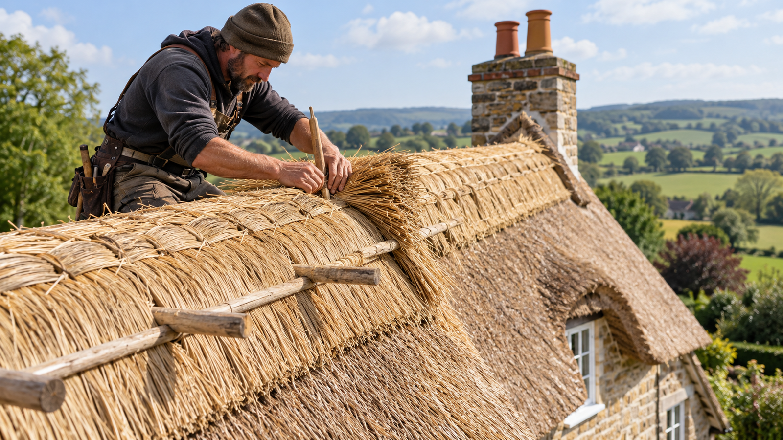 Professional thatcher carrying out roof re-ridging