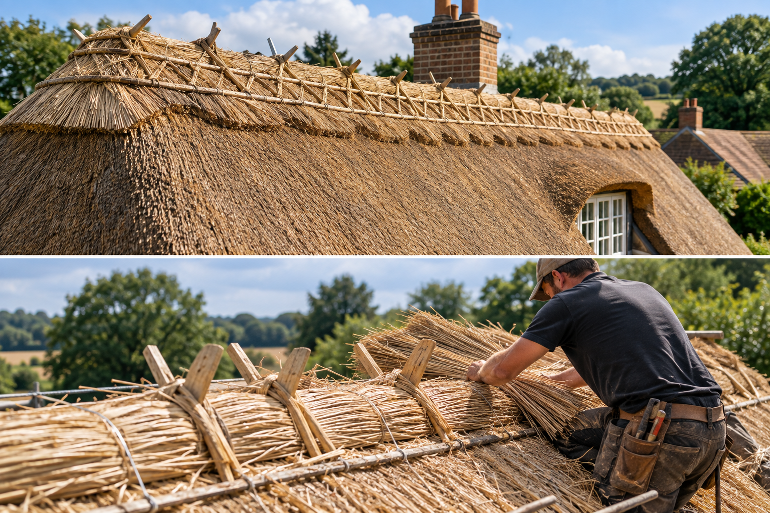 Traditional thatched roof ridge by Bartlett and Sons