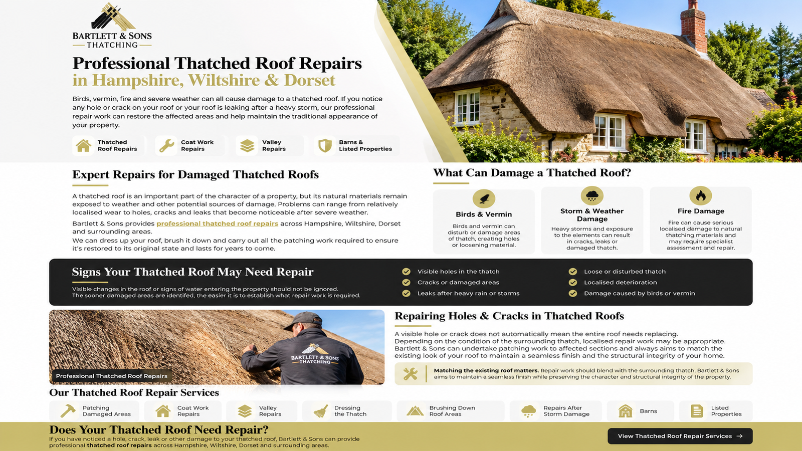 Professional thatched roof repair work by Bartlett and Sons Thatching